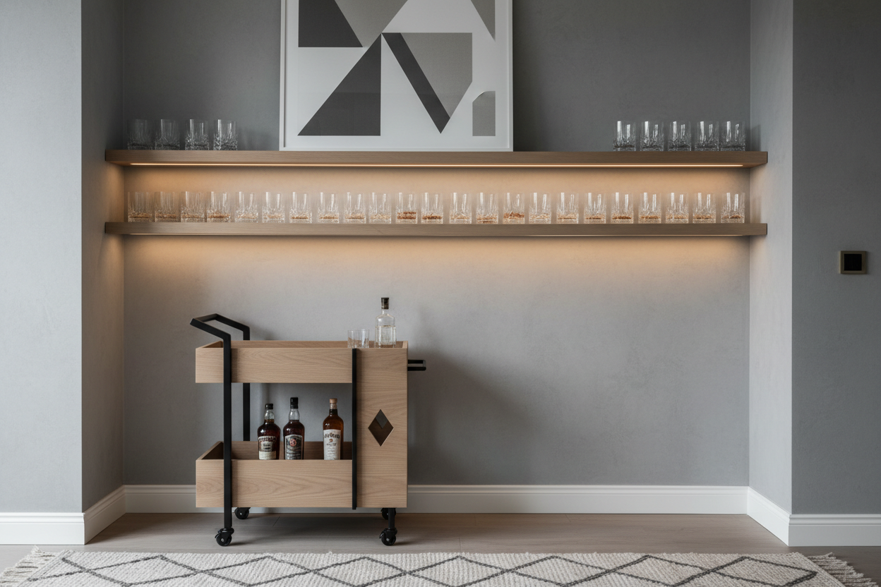 Minimalist Nordic home bar with premium crystal glassware and sophisticated design