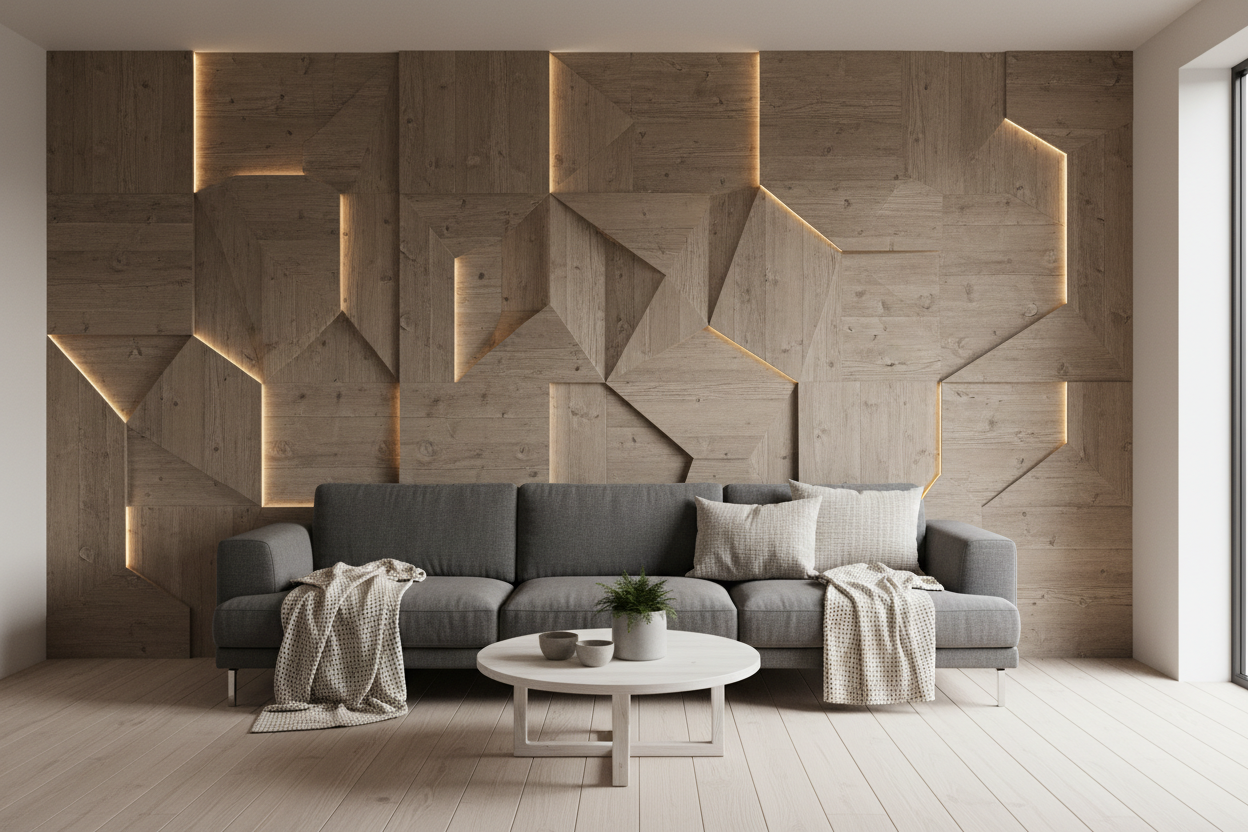 Textured reclaimed teak wall art panel in minimalist Nordic interior with geometric patterns