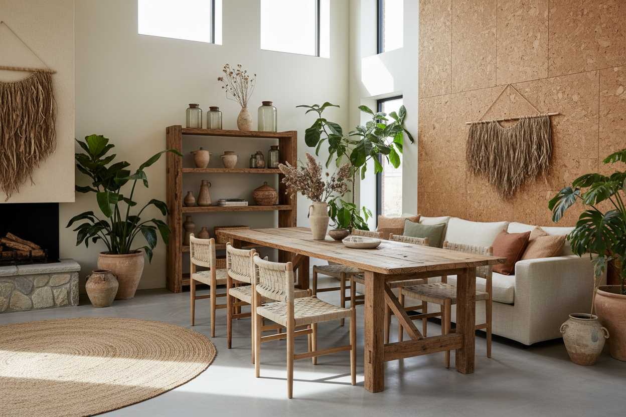 Sustainable Nordic interior with reclaimed wood and eco-conscious minimalist design