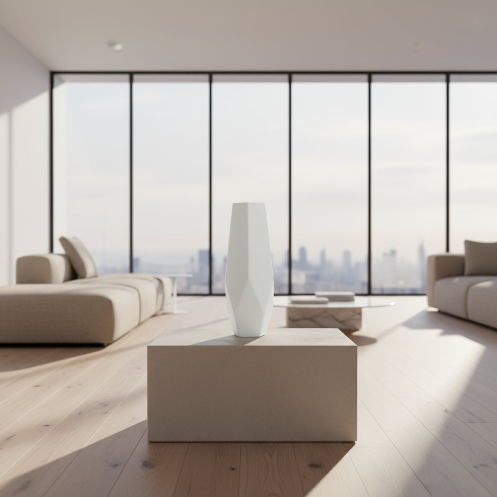 White vase on a table with dimensions displayed