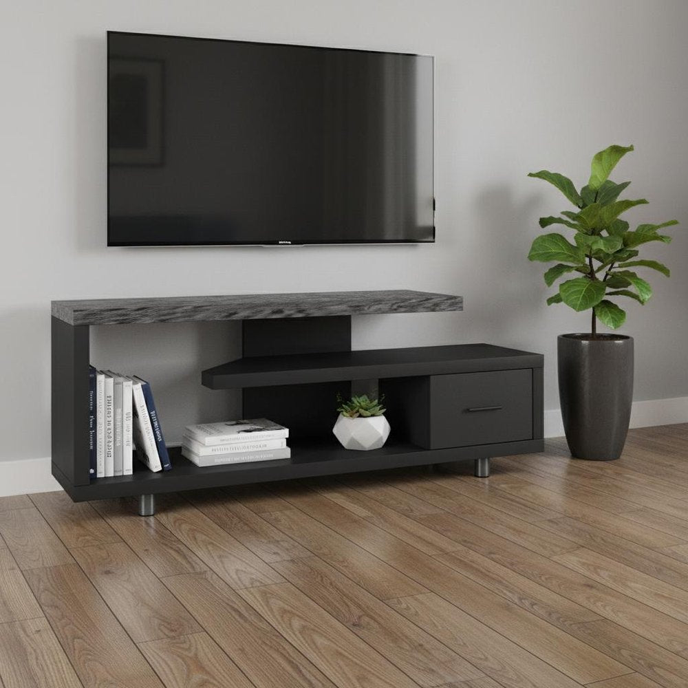 Black & Gray Open Shelving Media Console - Compact Design