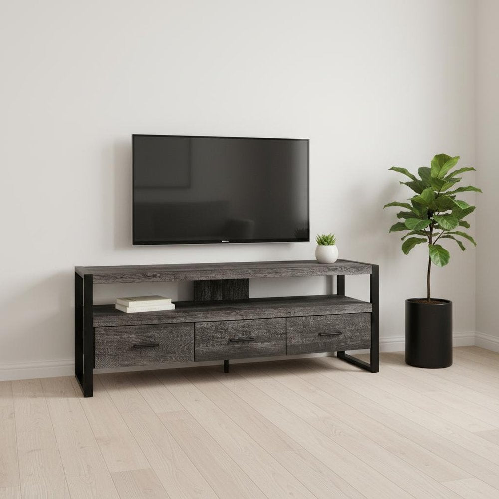 Brown & Black Cabinet Media Console - Enclosed Storage Design