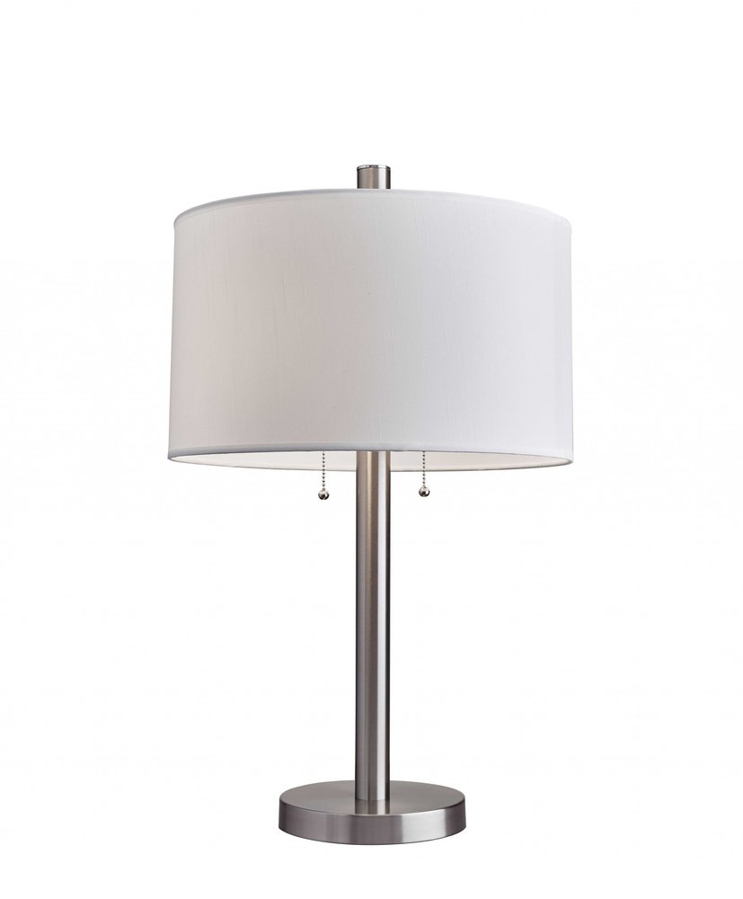 Silver Metal Two Light Bedside Table Lamp With White Drum Shade