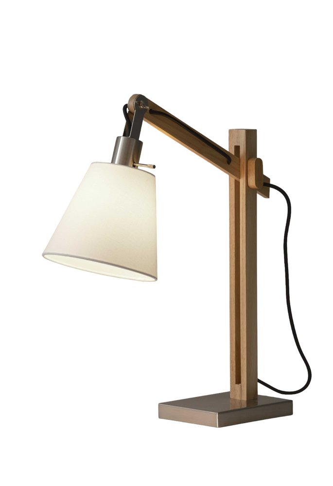 Natural Wood Adjustable Height Table Lamp With White Bell Shade