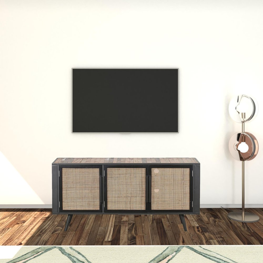 Rustic Black & Natural Rattan Media Cabinet - Three Door Design