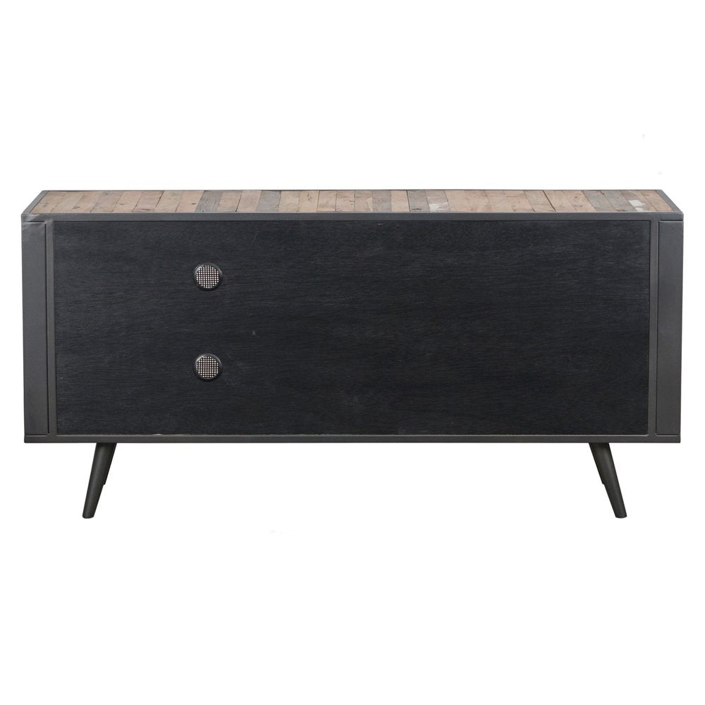Rustic Black & Natural Rattan Media Cabinet - Three Door Design