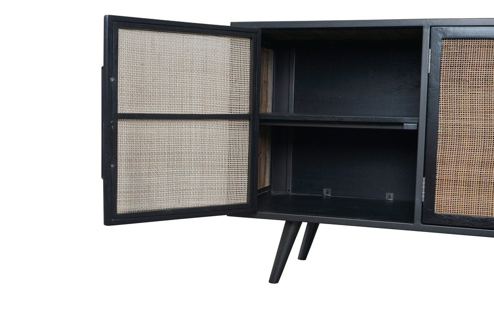 Rustic Black & Natural Rattan Media Cabinet - Three Door Design