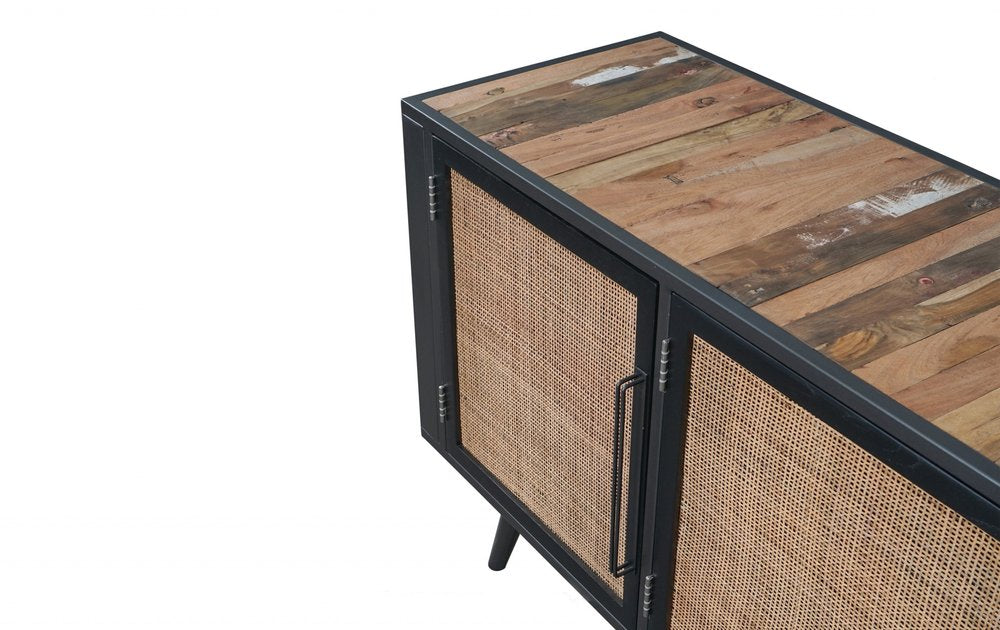 Rustic Black & Natural Rattan Media Cabinet - Three Door Design