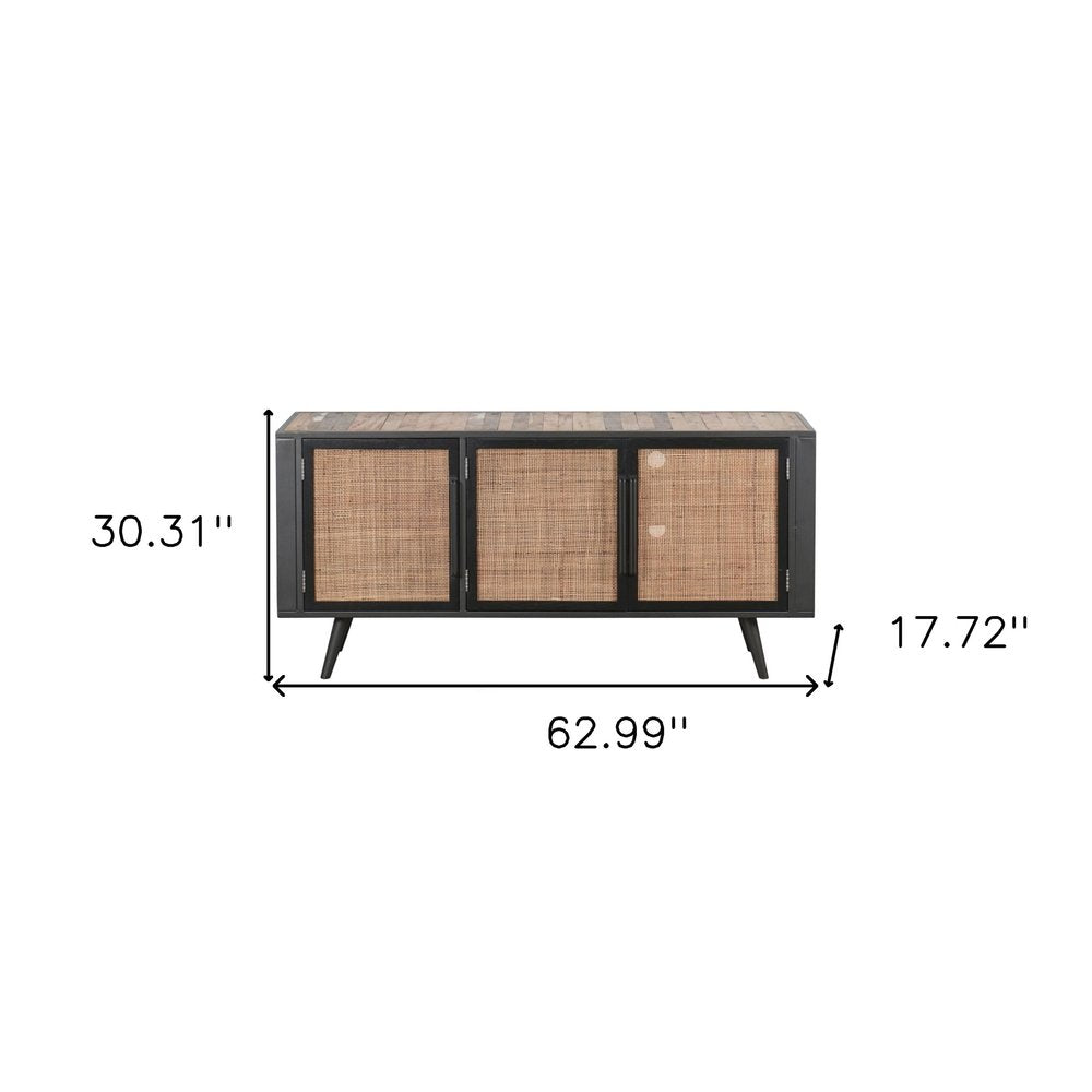 Rustic Black & Natural Rattan Media Cabinet - Three Door Design