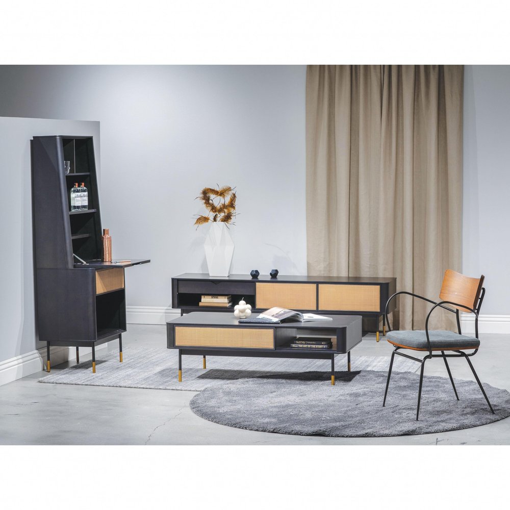 Black Wood & Wicker Media Console - Natural Texture Design