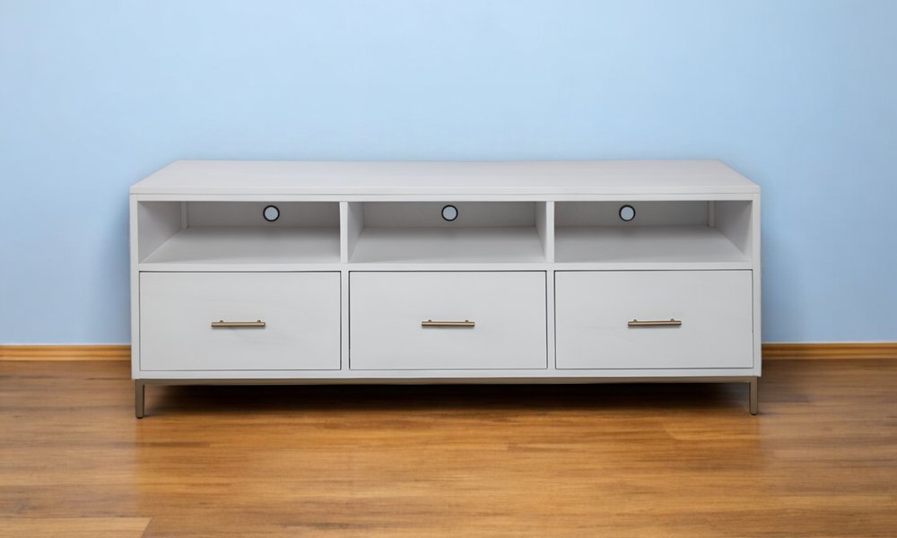 White Mahogany Media Console - Solid Wood Open Shelving