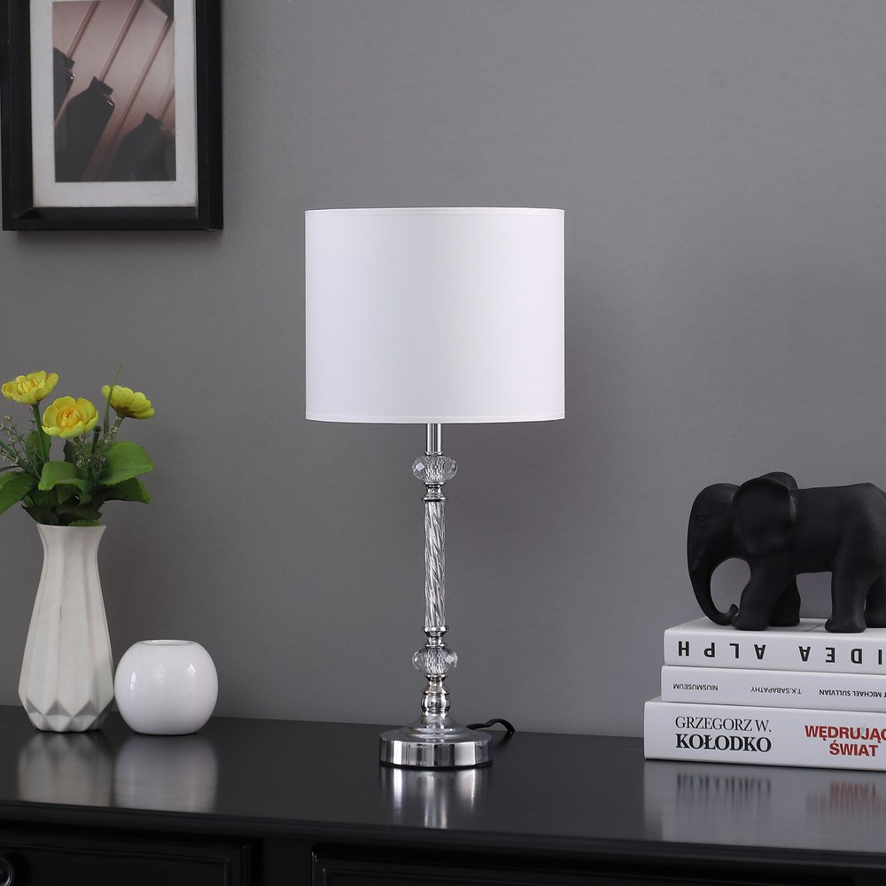 Silver Metal & Faux Crystal Table Lamp with White Drum Shade