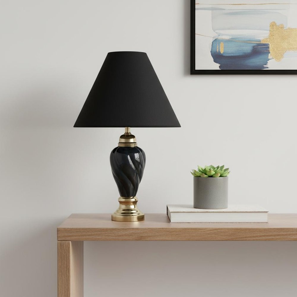 Gold & Navy Blue Table Lamp with Navy Drum Shade