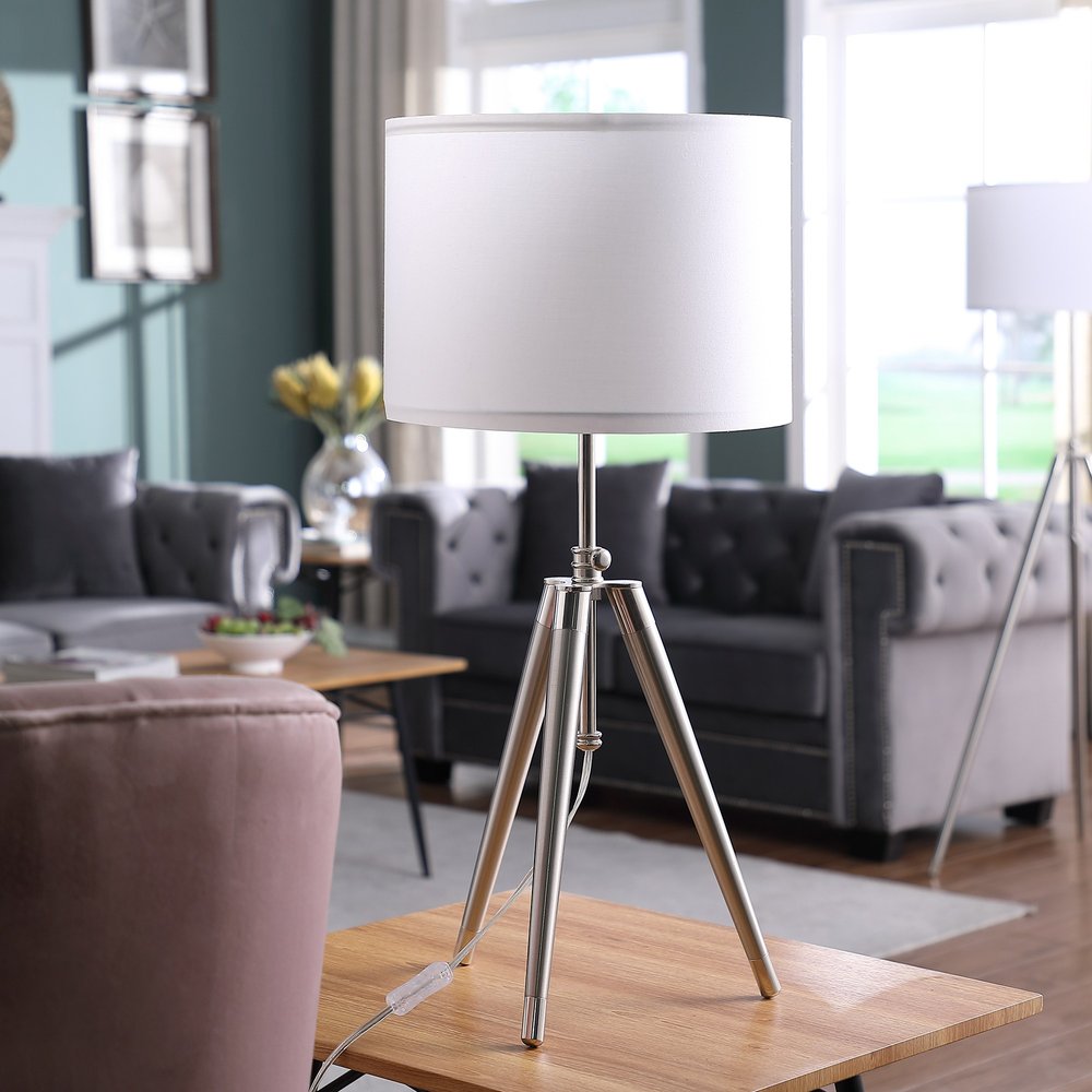 Silver Metal Adjustable Tripod Table Lamp with White Shade