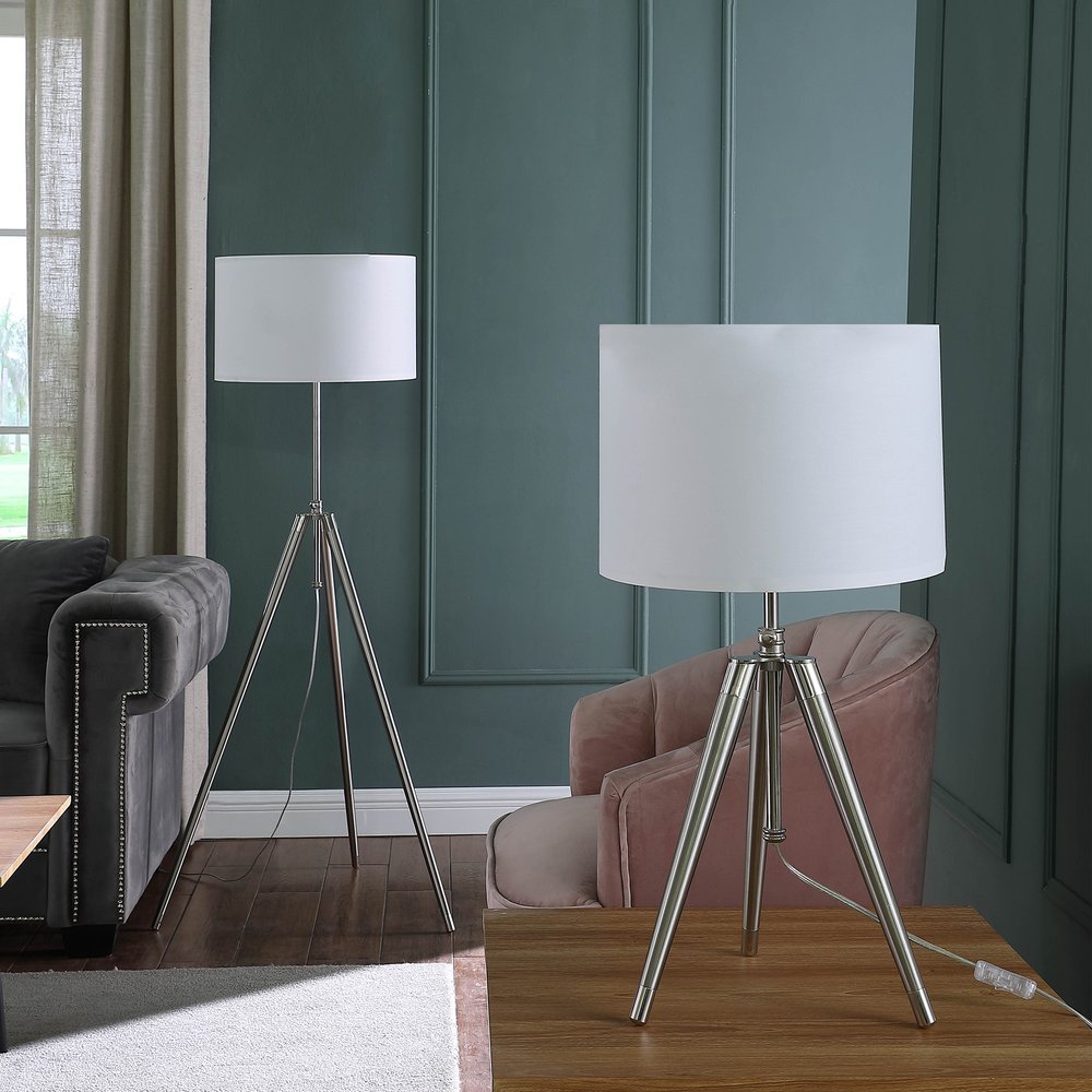 Silver Metal Adjustable Tripod Table Lamp with White Shade