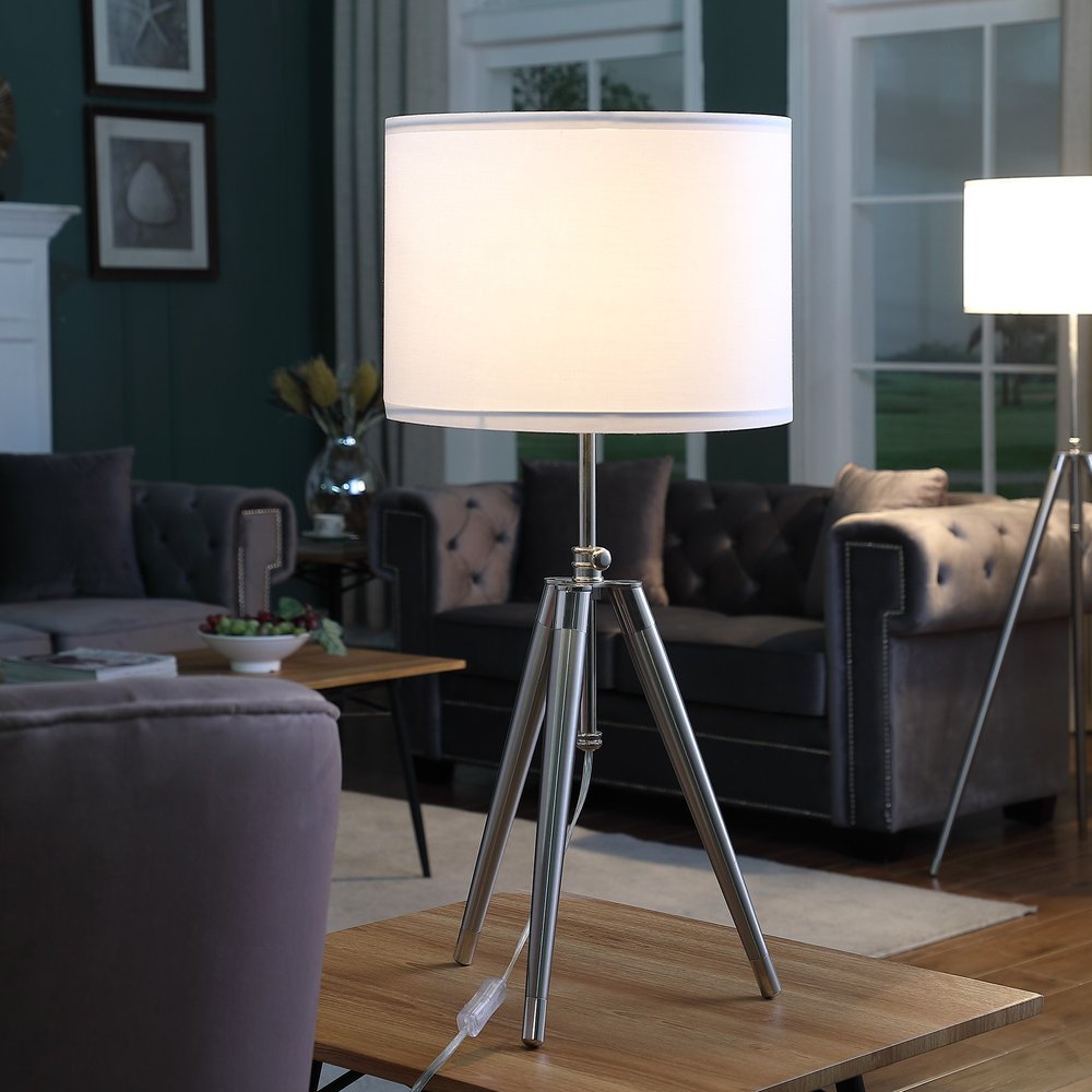Silver Metal Adjustable Tripod Table Lamp with White Shade