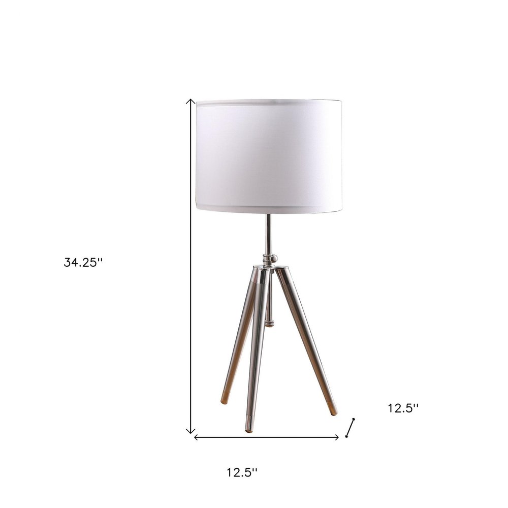 Silver Metal Adjustable Tripod Table Lamp with White Shade