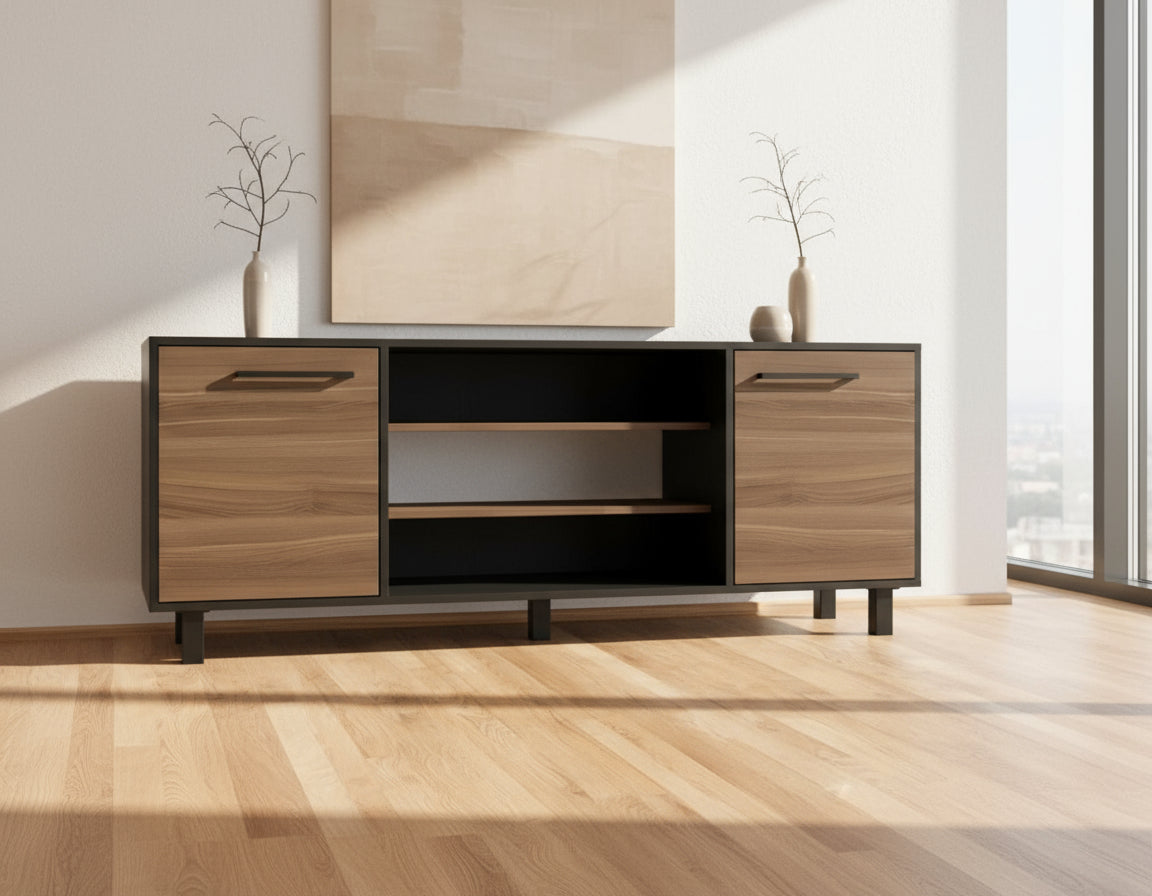 Wooden entertainment console with black accents on a wooden floor.