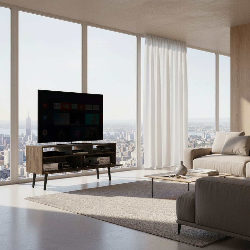 Wooden TV stand with a television on top, shown from different angles.