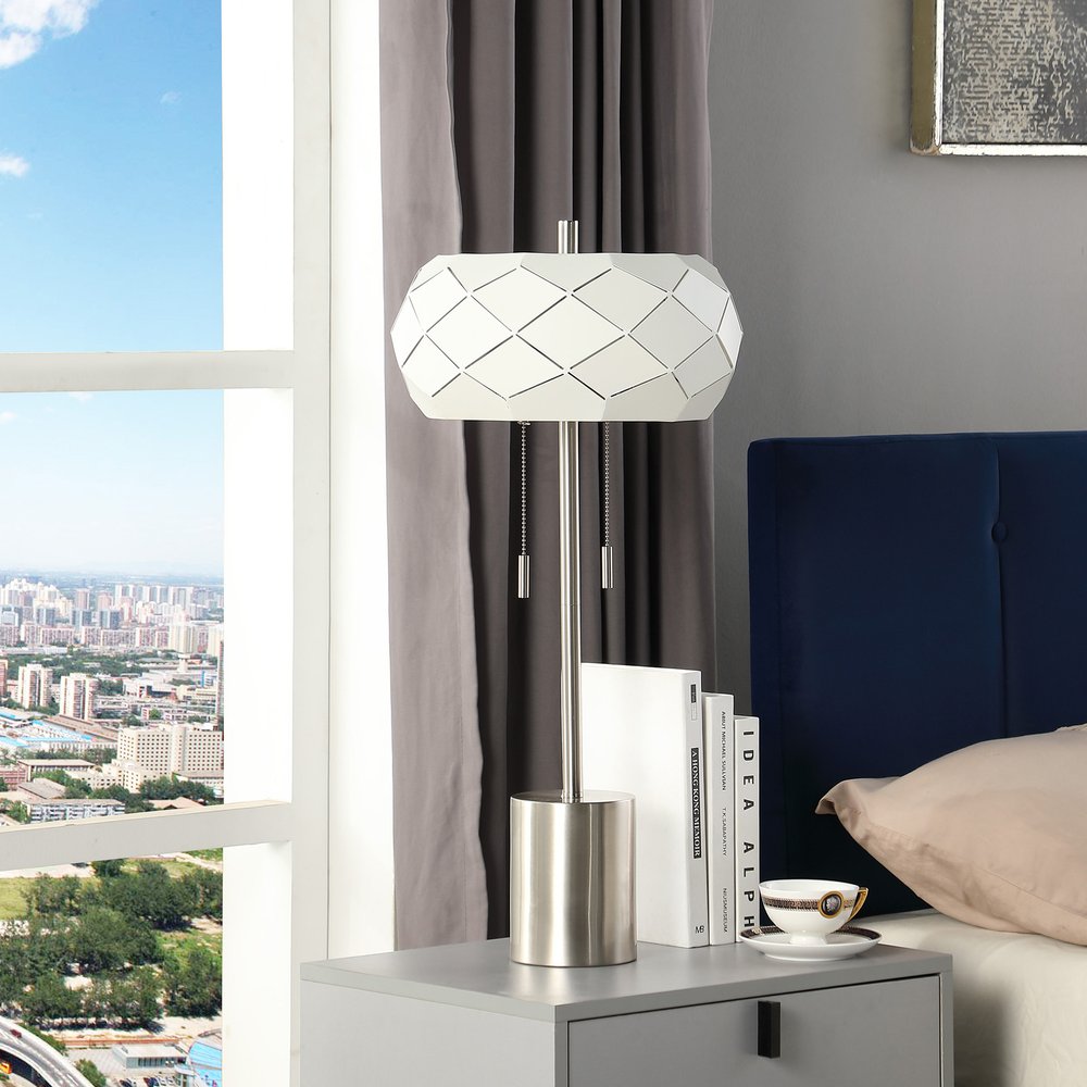 Silver Metal Table Lamp with Geometric Laser-Cut Shade