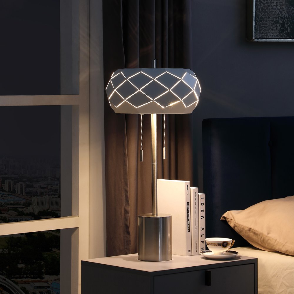 Silver Metal Table Lamp with Geometric Laser-Cut Shade