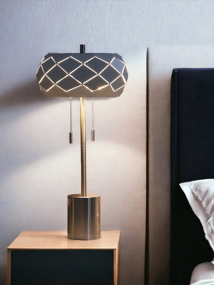 Silver Metal Table Lamp with Geometric Laser-Cut Shade