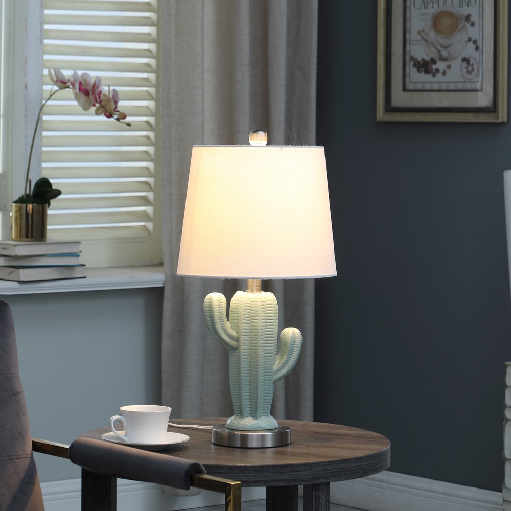 Pale Blue-Green Ceramic Cactus Table Lamp with White Shade