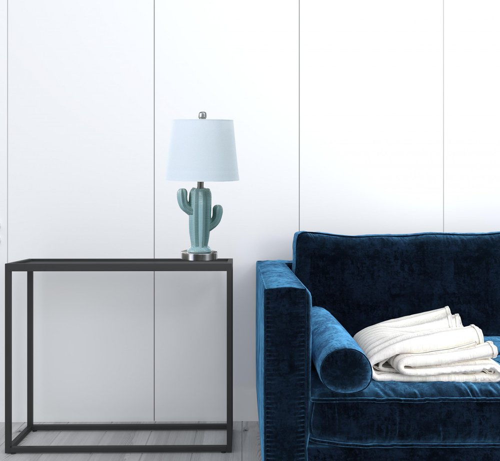 Pale Blue-Green Ceramic Cactus Table Lamp with White Shade