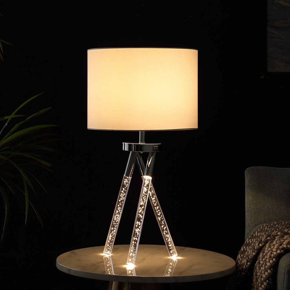 Silver LED Tripod Table Lamp with White Shade