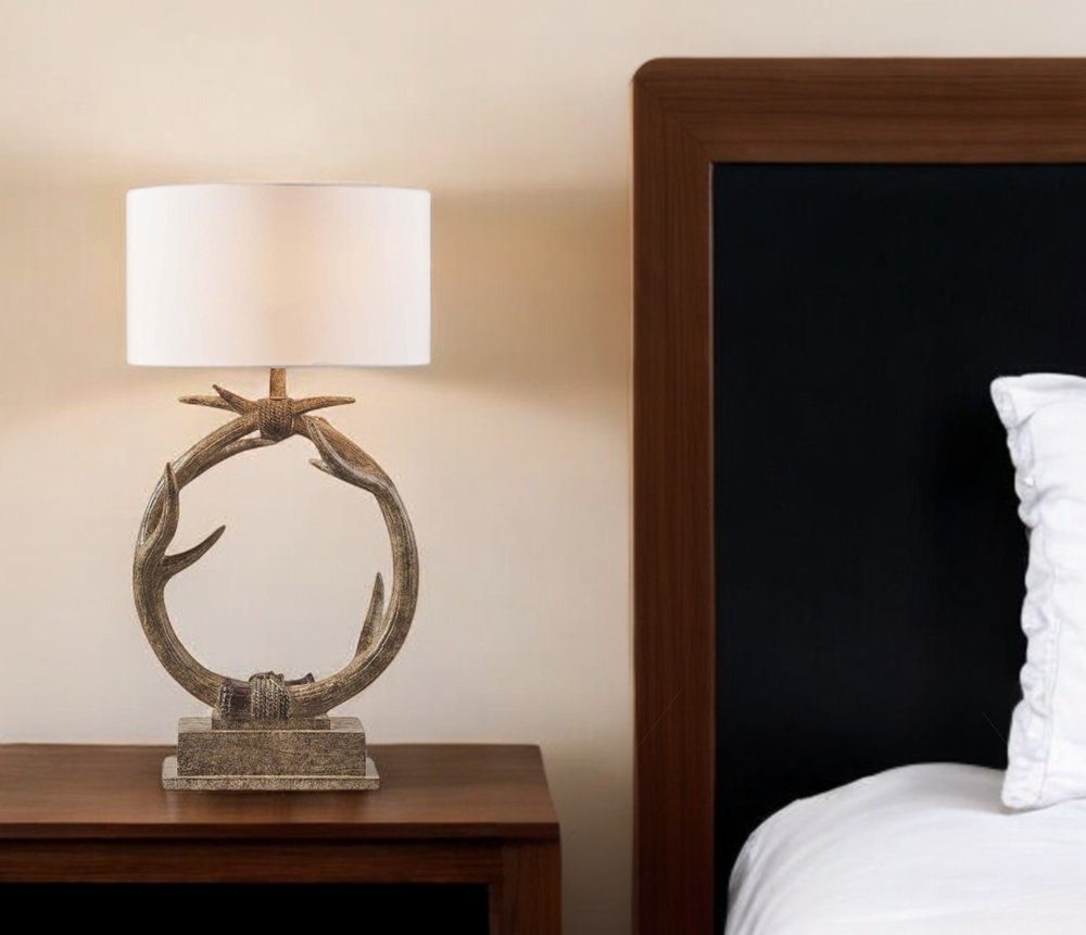 Rustic Faux Antler Table Lamp with White Drum Shade