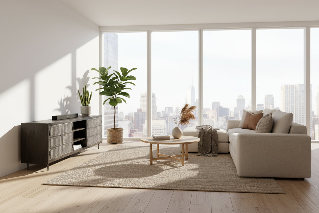 Long dark brown wooden cabinet with metal mesh doors on a white background
