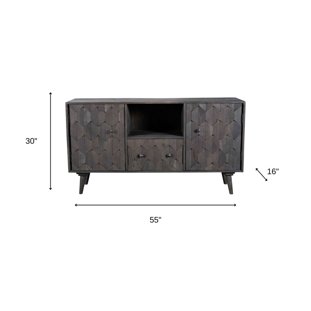 Dark wooden sideboard with dimensions labeled on a white background
