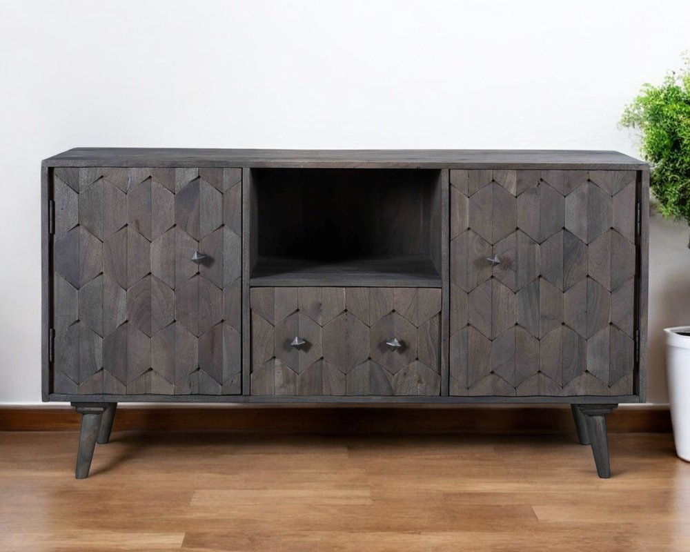 AUREMI Dark Gray Carved Geometric Distressed Solid Wood