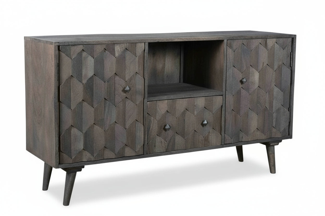 Wooden cabinet with geometric pattern on a white background