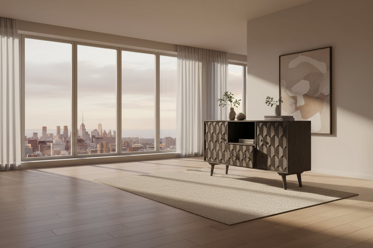 Wooden sideboard with geometric pattern and shelves on a white background