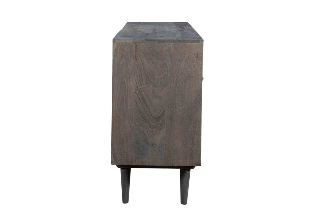 Wooden side table with a dark finish on a white background