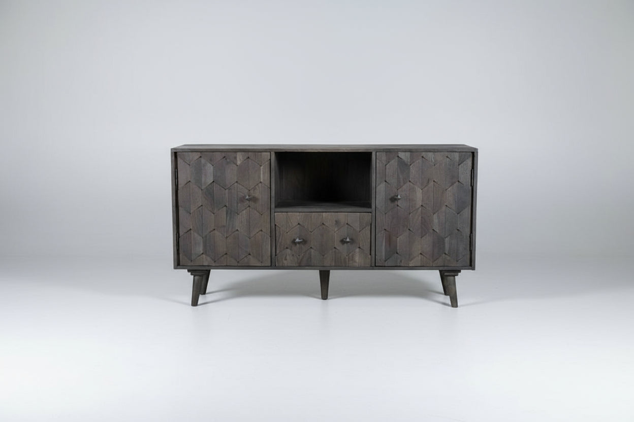 Wooden sideboard with geometric pattern on a white background