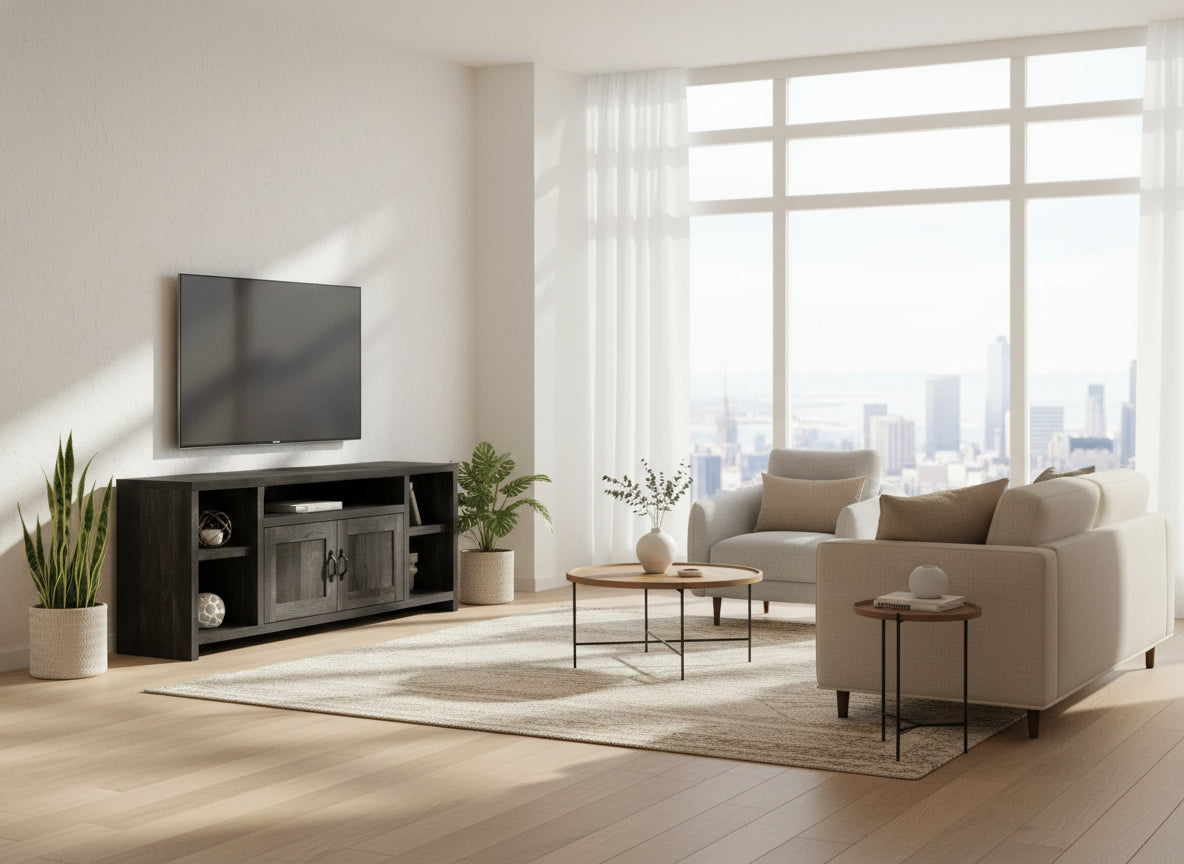 Black wooden entertainment console with shelves and doors on a white background