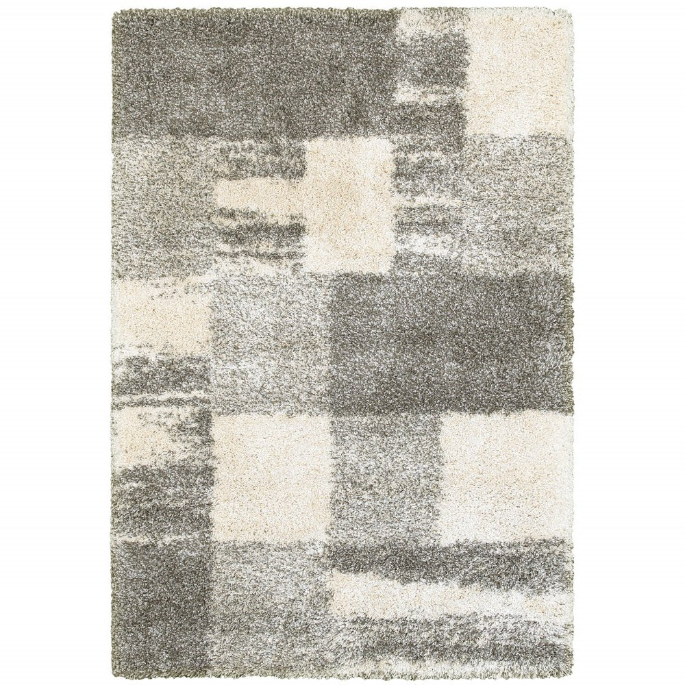 Grey Ivory Silver Geometric Shag Area Rug - 2x3 Retro | AUREMI