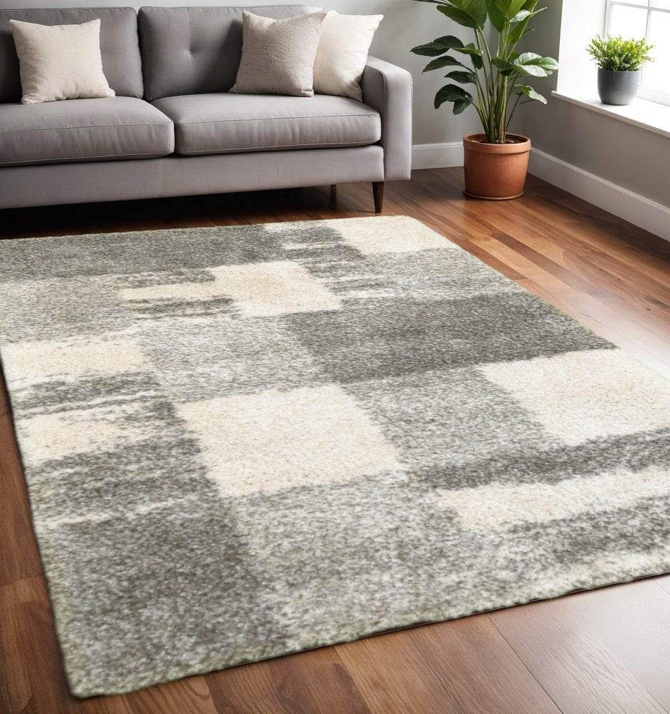 Grey Ivory Silver Geometric Shag Area Rug - 2x3 Retro | AUREMI