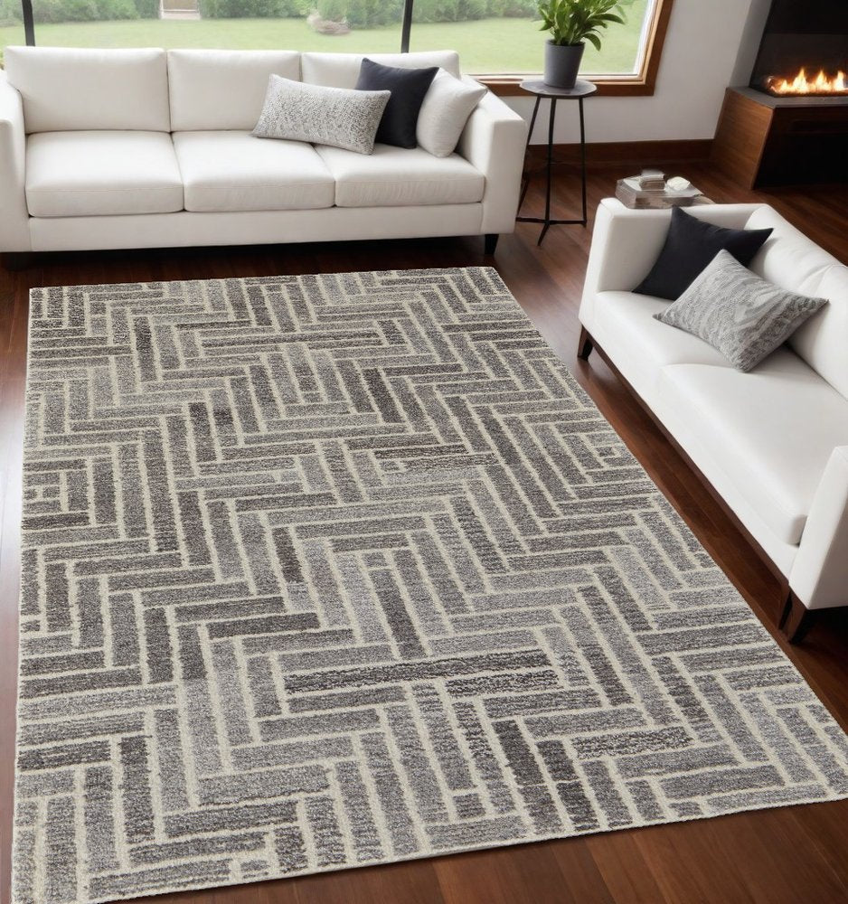 Tan & Gray Geometric Wool Rug - Hand-Tufted Artisan Design