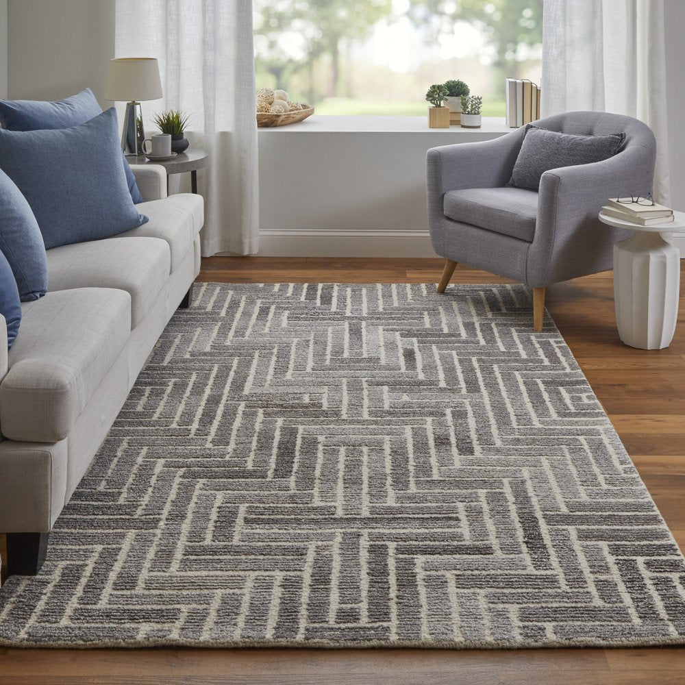 Tan & Gray Geometric Wool Rug - Hand-Tufted Artisan Design