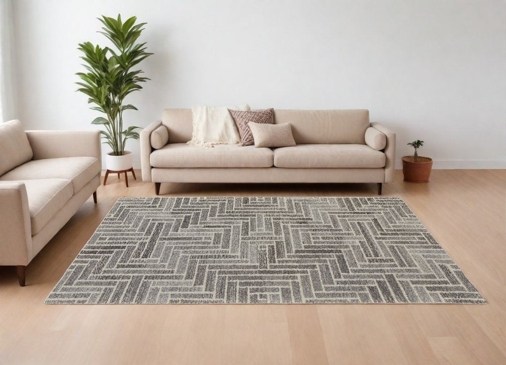 Tan & Gray Geometric Wool Rug - Hand-Tufted Artisan Design