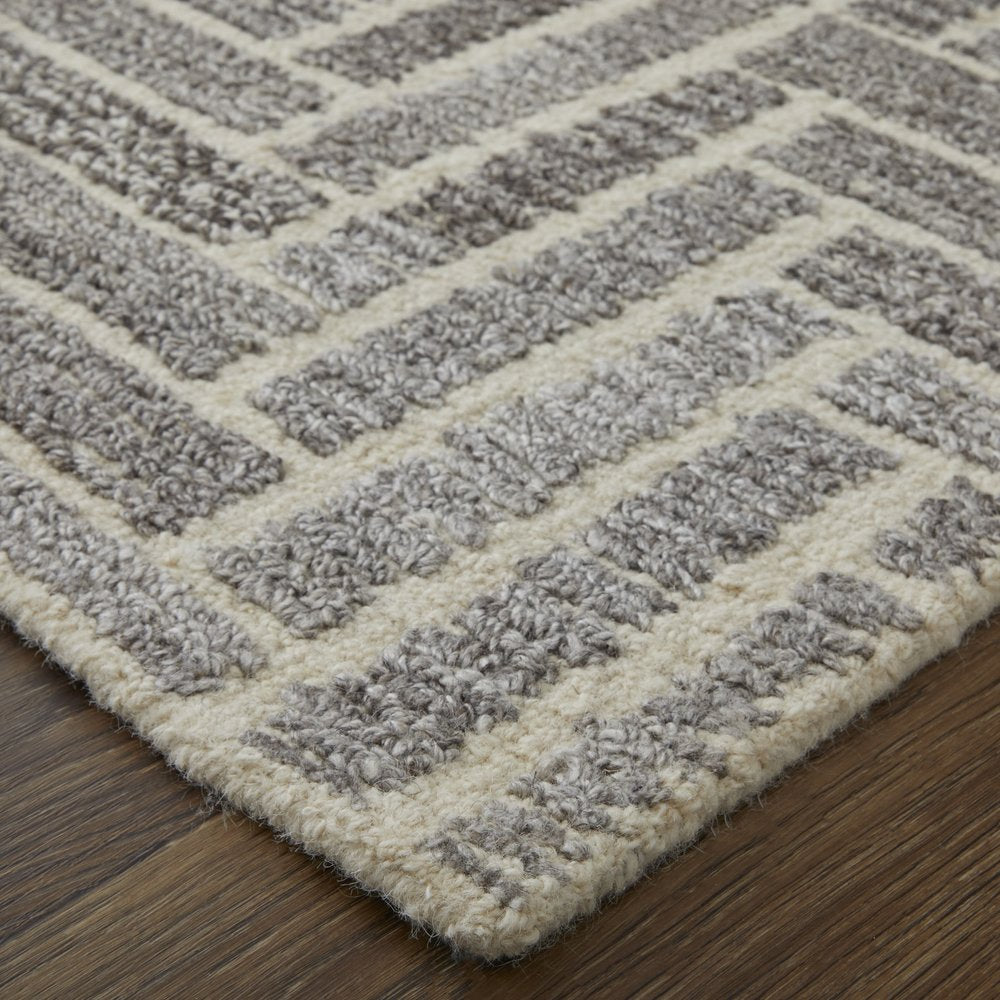 Tan & Gray Geometric Wool Rug - Hand-Tufted Artisan Design