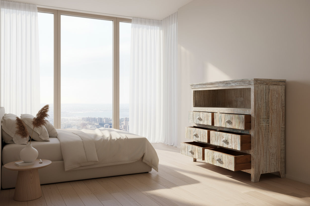 Wooden dresser with multiple drawers on a white background