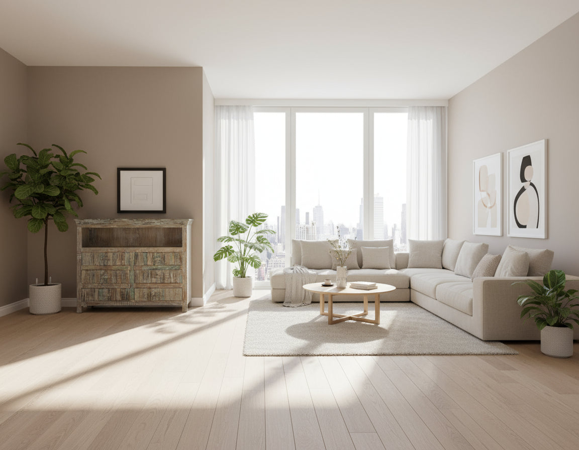 Wooden sideboard with a distressed finish in a room with a plant and framed picture on the wall.