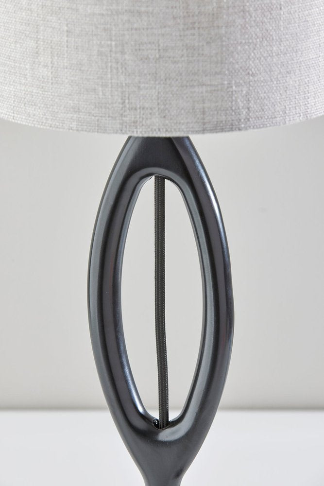 Black Wood Round Table Lamp with Gray Drum Shade