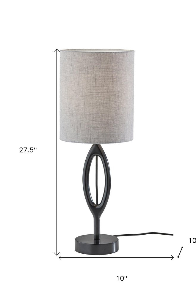 Black Wood Round Table Lamp with Gray Drum Shade