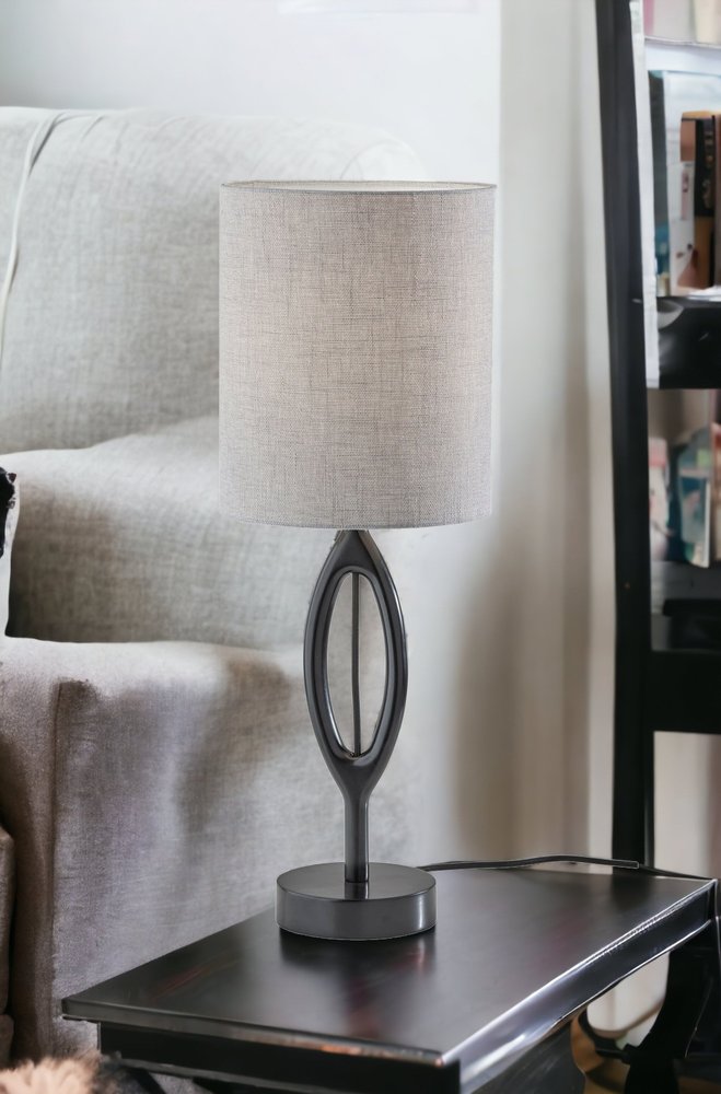 Black Wood Round Table Lamp with Gray Drum Shade