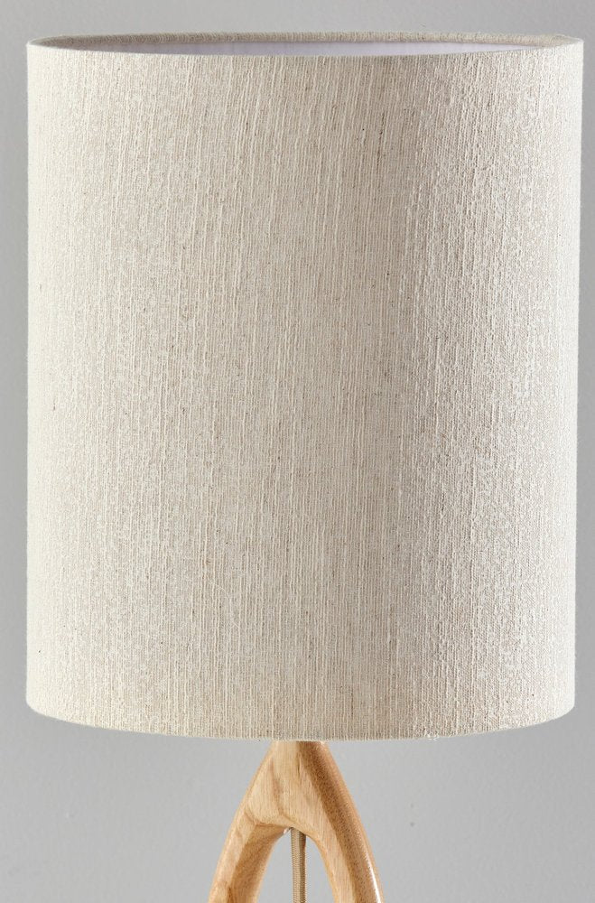 Natural Wood Round Table Lamp with Beige Drum Shade